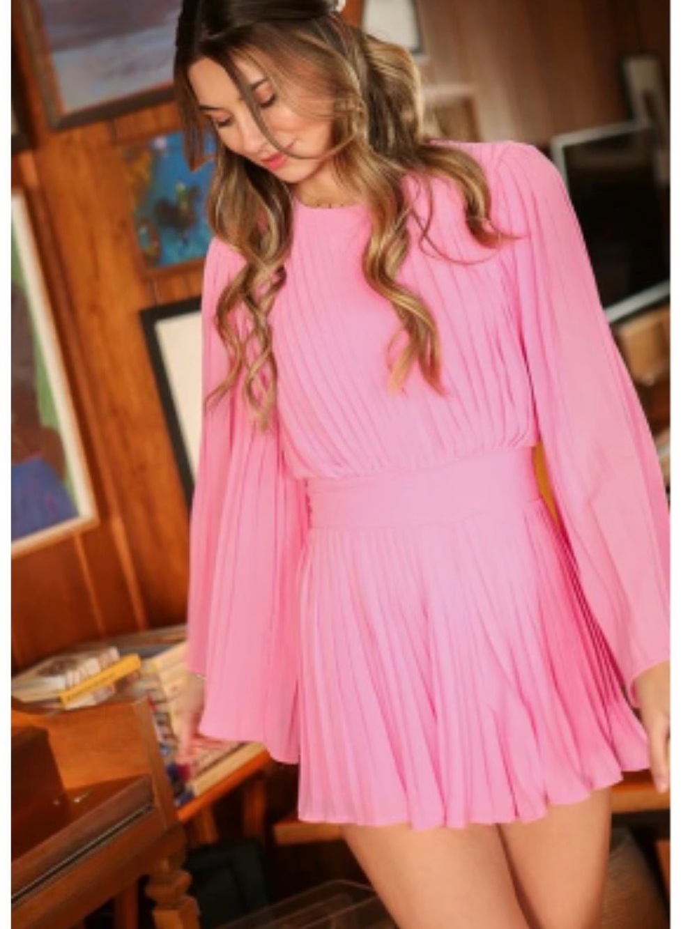 Lumiere Women’s L Boutique Elegant Pink Pleated Romper Bell Sleeves - Picture 2 of 8